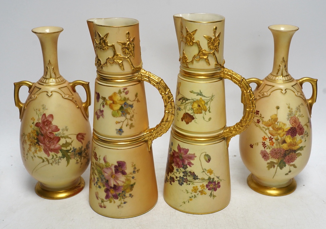 A pair of Royal Worcester blush ivory vases and a pair of ewers, tallest 22cm. Condition - good